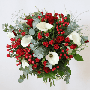 Romantic Red spray rose, red hypericum and white calla lily bouquet