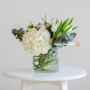 Plaza Hollandi white hydrangea arrangement