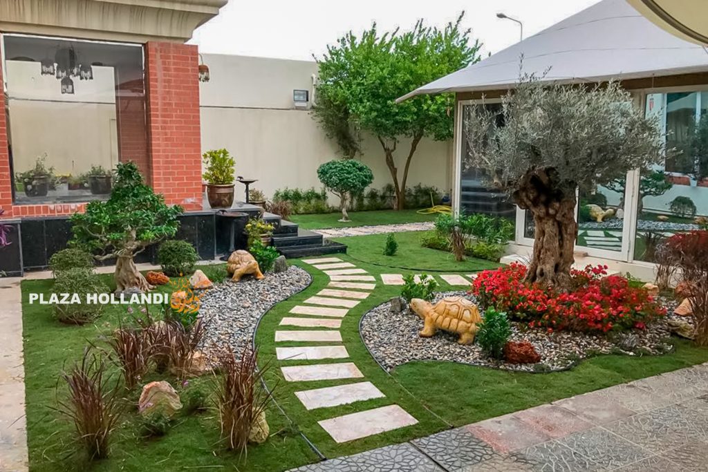 landscape design with shrubs