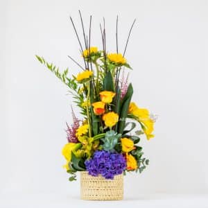 blue and yellow flower arrangement