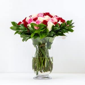 Mixed Colour Roses Bouquet With Glass Vase