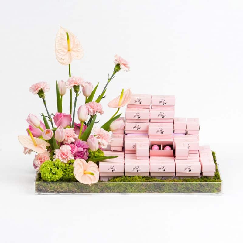 Baby Girl: Pink roses, Tulips with Crunchy Filled Chocolates