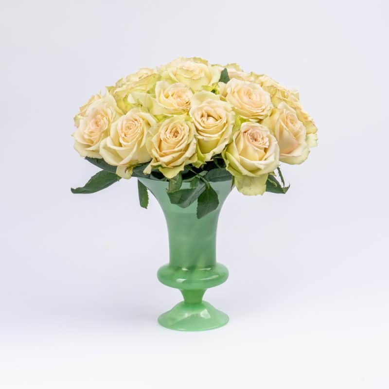 20 Peach Roses in Green Glass Vase