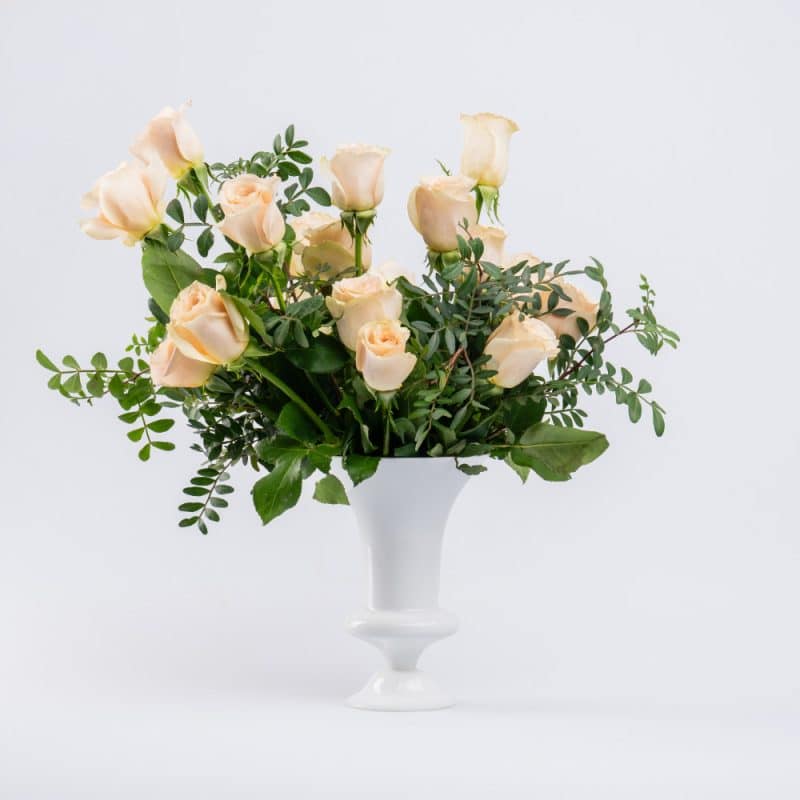 Peach Roses in White Glass Vase