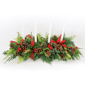 long and low flower design for Christmas with candles