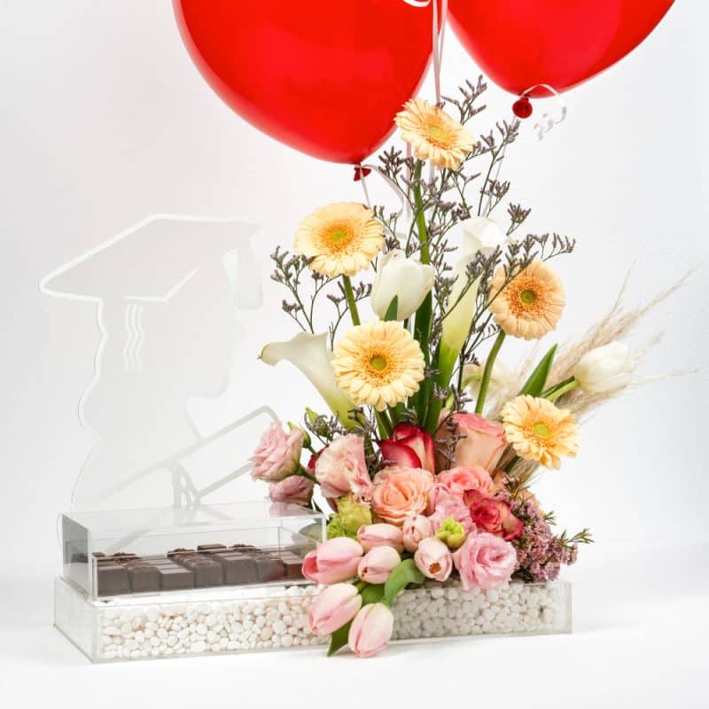 Peach Gerbera and Pink Tulip Celebration with Red Balloon