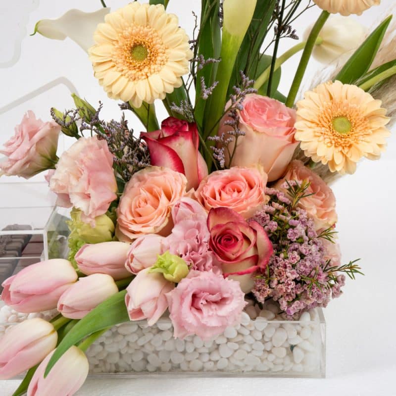 Peach Gerbera and Pink Tulip Celebration with Red Balloon