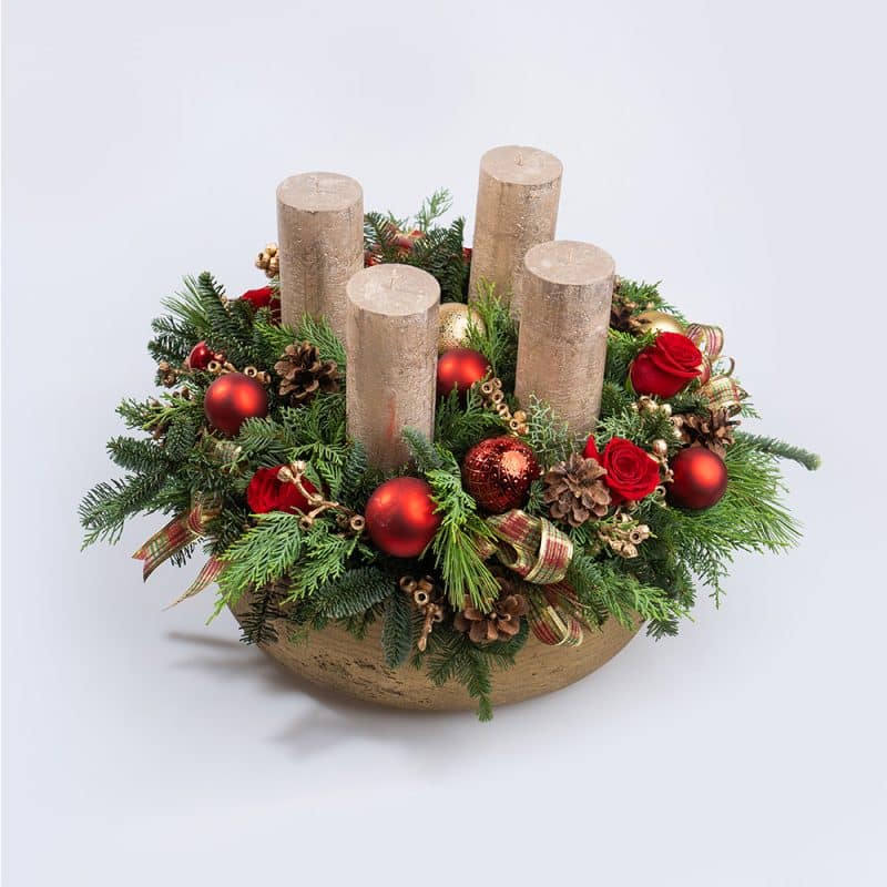 Christmas Table Centerpiece with Evergreens & Ornaments