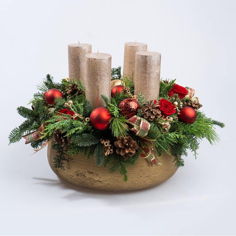 Christmas Table Centerpiece with Evergreens & Ornaments