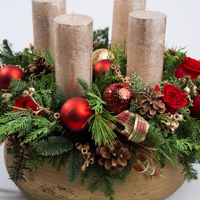 Christmas Table Centerpiece with Evergreens & Ornaments