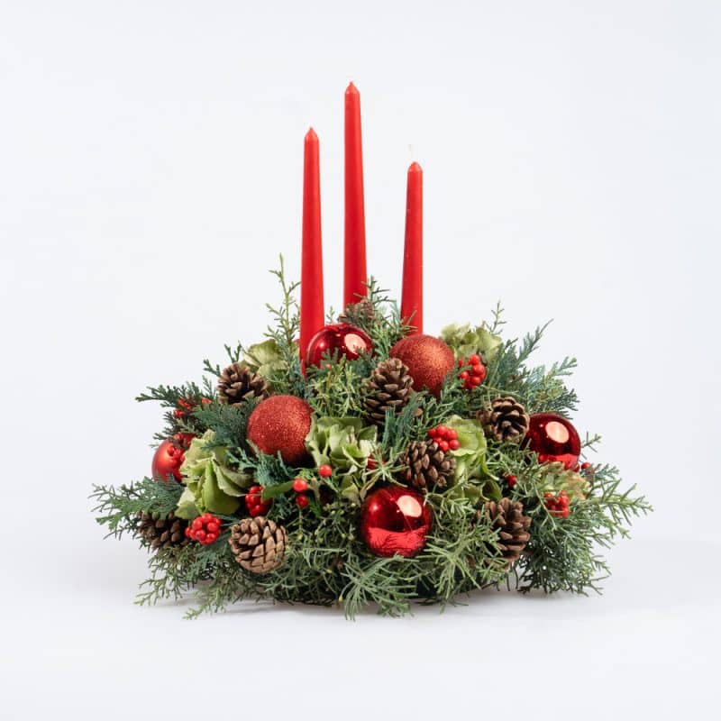 Triple Sparkle Red Candle Centerpiece with Pinecones & Ornaments