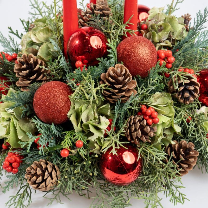 Triple Sparkle Red Candle Centerpiece with Pinecones & Ornaments