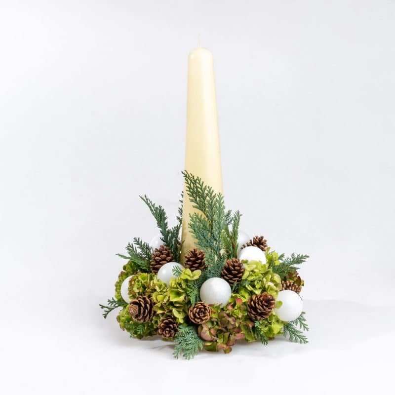 Pure Glow Cream Candle, Ornaments, and Pinecones Arrangement