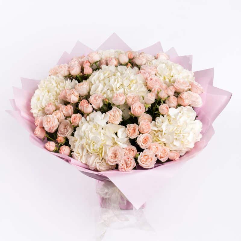 Elegant Floral Pair - White Hydrangea & Peach Spray Roses