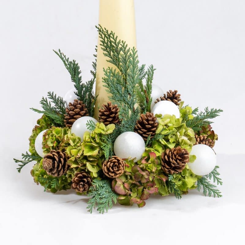 Pure Glow Cream Candle, Ornaments, and Pinecones Arrangement