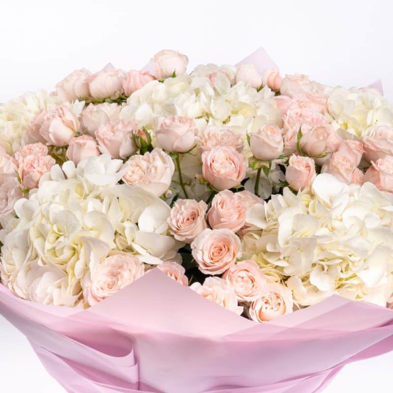 Elegant Floral Pair - White Hydrangea & Peach Spray Roses