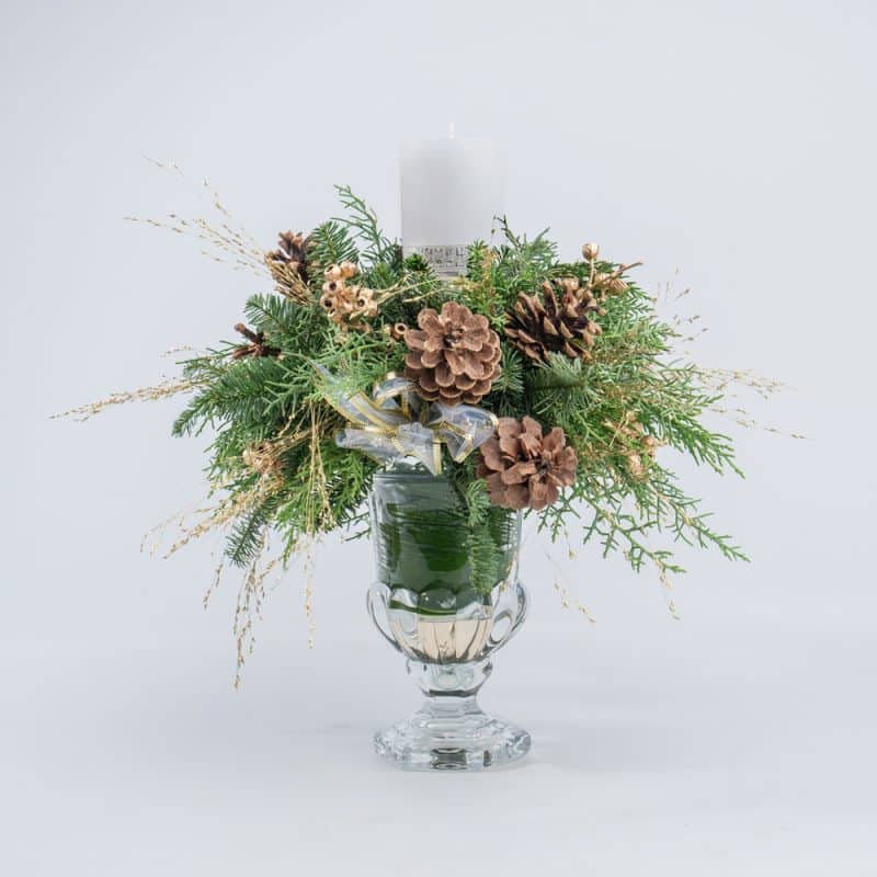 Centerpiece Arrangement with White Candle, Ornaments in Glass Vase