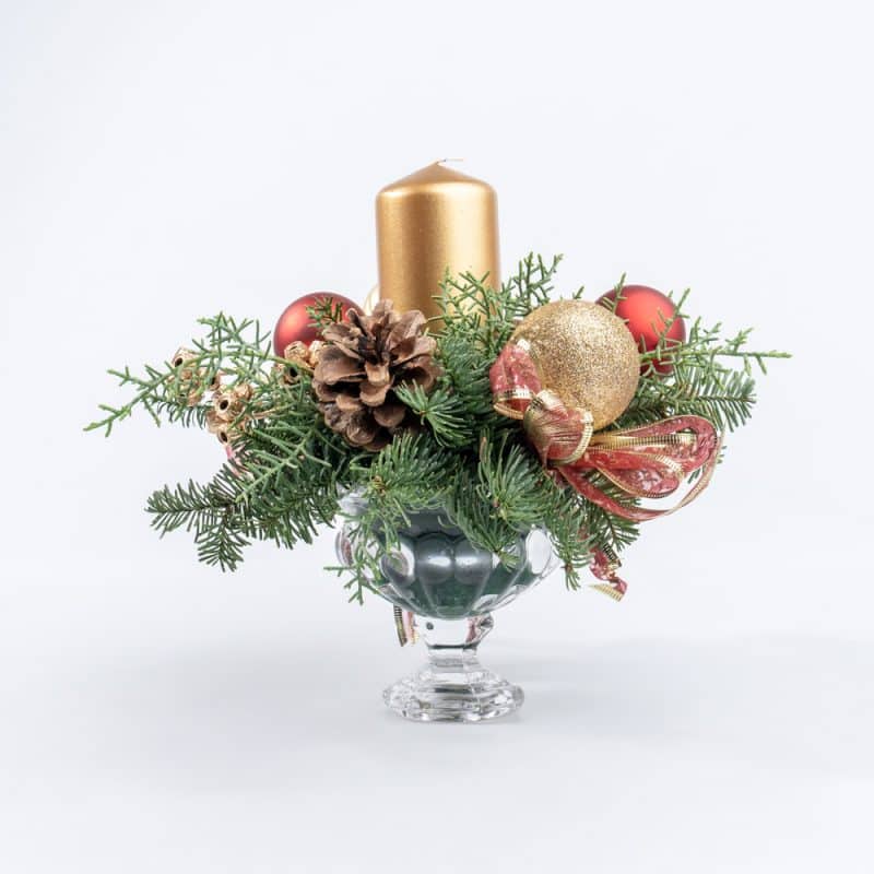 Elegant Centerpiece Arrangement with Candle, Ornaments in Glass Vase