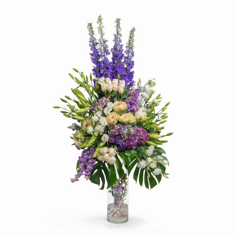 White Roses and Delphinium Dream Lavender Arrangement